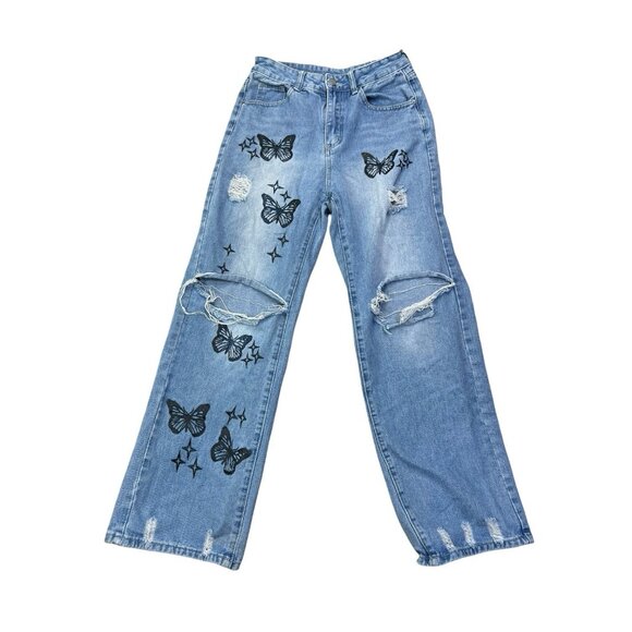 SheIn Denim - Shein Jeans Women's 4 Blue Light Wash High Rise Wide Leg Jeans Butterfly